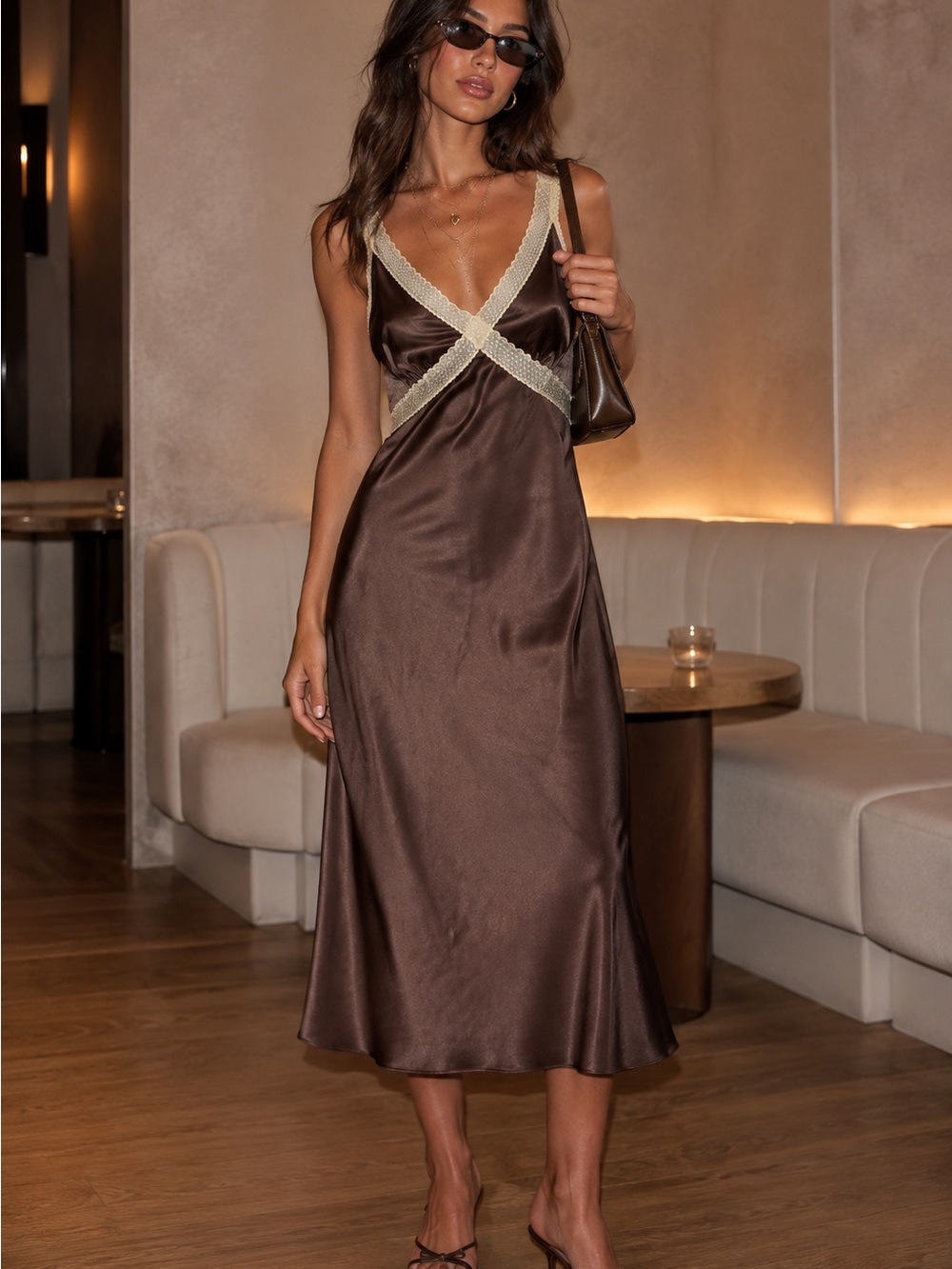 House of Harlow 1960 Chocolate Satin Chemise with Ivory Lace Trim